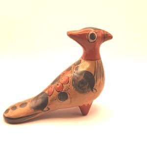 Vintage Hand Painted Mexican Folk Art Tonala Pottery Bird Figurine Signed